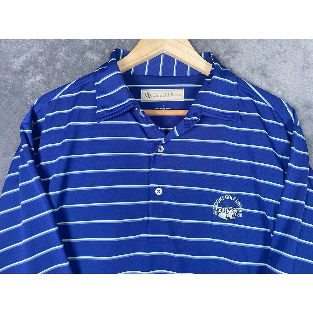 Donald Ross Mens Blue Striped Dooks Golf Links Performance Polo Shirt Large